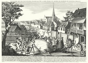 1783 年 8 月 27 日，农民们在 Jacques Charles 和 Robert Brothers 的气球降落在 Gonesse 后攻击它（雕刻） 作者 德国学校