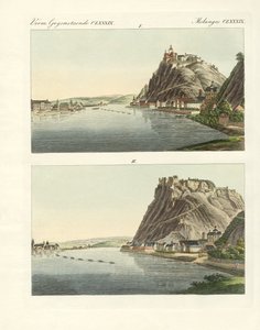 莱茵河的美丽风景（彩色雕刻）。 作者 德国学校