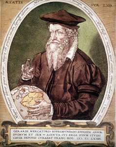 格哈德·克雷默 (Gerhard Kremer) 的肖像，来自 Gerardus Mercator (1512-1594)。 图集第一版的虚假标题。 作者 德国学校