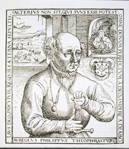 Theothrastus Paracelsus（1493-1541）的肖像，他的书Astronomica et Astrologica Pouscula，科隆1567的插图副本，用于19世纪晚期出版的魔法史（woodc） 作者 德国学校