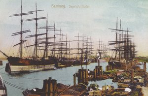 汉堡帆船港的明信片，c.1900（彩色照片）