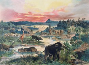 史前史 - 第三纪 - 重建欧洲的自然环境和1886年的这一时期的一些动物 作者 德国学校