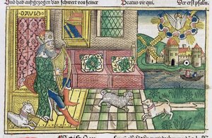 诗篇：从纽伦堡圣经（Biblia Sacra Germanaica）（彩色木刻）中展示大卫王演奏七弦琴的正面 作者 德国学校