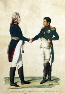 拿破仑（1769-1821 年）与沙皇亚历山大一世（1777-1825 年）的会晤。(拿破仑和亚历山大一世的会晤）。佚名作品，版画和水彩画 作者 德国学校