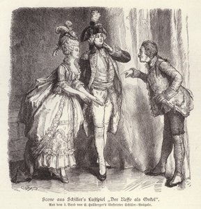 弗里德里希·席勒 (Friedrich Schiller) 的喜剧 Der Neffe als Onkel (The Nephew as Uncle) 中的场景（版画） 作者 德国学校