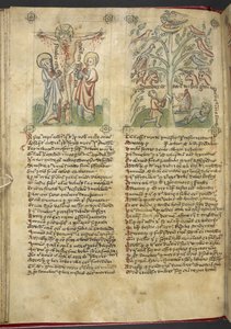 Sloane 361，f.26v 尼布甲尼撒在梦中看到一棵树；耶稣受难，选自 "Speculum Humanae Salvation"（牛皮纸上的墨水和色彩） 作者 德国学校