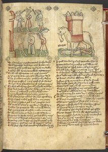 Sloane 361，f.27 科德鲁斯国王为他的人民自首，埃莱亚萨-马卡比刺死大象并被大象压死，选自 "Speculum Humanae Salvation"（牛皮纸上的墨水和彩色）。 作者 德国学校