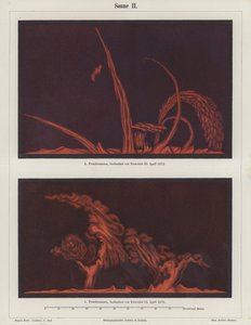 法国艺术家和天文学家 Etienne Leopold Trouvelot 于 1872 年 4 月 15 日至 29 日观测到的日珥（彩色石版画） 作者 德国学校