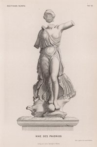 Statue of Nike, Ancient Greek goddess of victory, by Paionios, excavated at Olympia, Greece (engraving) 作者 德国学校