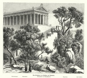 希腊Kalaureia的波塞冬神庙，公元前322年德摩斯梯尼服毒前曾在此避难（雕版画）。 作者 德国学校