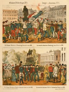 阿尔萨斯于1869年在斯特拉斯堡（Kleberplatz）和1872年在柏林（Under den Linden）从Elsaesser Bilderbogen招募，由斯特拉斯堡的A. Schneider出版，1873年 作者 德国学校