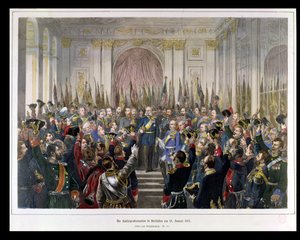 1871年1月18日在凡尔赛宫的镜厅，威廉作为新德意志帝国的凯撒宣言（彩色版画） 作者 德国学校