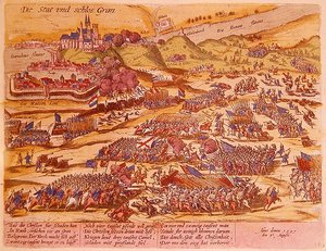 1595年对埃斯泰尔戈姆的围攻（彩色雕刻）。 作者 德国学校