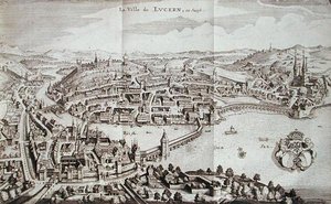 瑞士卢塞恩镇，出自约翰-雅各布-谢赫泽里的《阿尔卑斯山》，1706年出版（雕刻）。 作者 德国学校