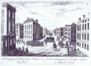 1776年皇家军队进入纽约的胜利进入，由Francois Xavier Habermann镌刻 作者 德国学校