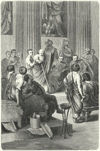 公元前 279 年，盲人阿皮乌斯·克劳狄乌斯·凯库斯 (Appius Claudius Caecus) 在罗马元老院反对伊庇里斯的皮洛士 (Pyrrhus) 大使西尼亚斯 (Cineas) 的讲话（雕刻） 作者 German School