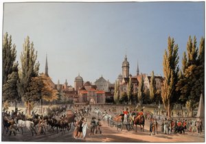 莱比锡的集市。约1810-20（雕刻）。 作者 德国学校