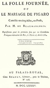 皮埃尔-博马舍的戏剧《费加罗的婚礼》的扉页，首次演出于1784年（雕刻）。 作者 德国学校