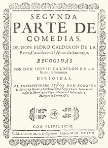 1637年出版的《卡尔德隆喜剧》四卷中的第二卷的扉页（雕刻）。 作者 德国学校