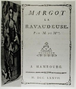 Margot la Ravaudeuse》（1750）的扉页，作者是M. de M.（Louis Charles Fougeret de Monbron 1706-1761），在汉堡出版。 作者 德国学校