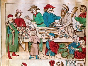 贸易：步行场景。 Ulrich Richental (1360-1437) 1438 年《康斯坦茨议会编年史》的缩影，约布拉格，国家图书馆 作者 德国学校