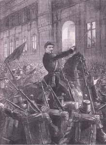 Trochu 在 Hotel de Ville 外集结国民警卫队，Cassells 法德战争史，由 Cassell and Company Limited 出版，约 1890 年（石版画） 作者 德国学校