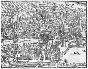 苏黎世的视图，来自Cosmographie Universelle by Sebastien Munster（1488-1552）巴塞尔，1559年出版 作者 德国学校