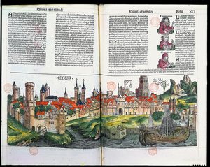 科隆镇的景色，纽伦堡纪事馆，Hartmann Schedel，1493年（彩色木版画） 作者 德国学校