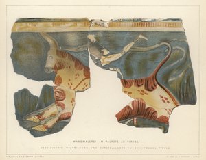 德国考古学家海因里希·施利曼 (Heinrich Schliemann) 出土的希腊蒂林斯迈锡尼宫殿壁画（彩色石版画） 作者 德国学校