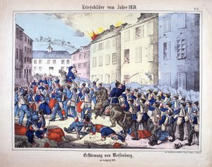 1870年的战争。8月4日，普鲁士军队的士兵与法国人之间的威森堡夺取战（威森堡之战）。 作者 德国学校