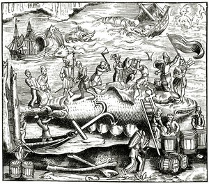 鲸鱼捕捞，在明斯特宇宙世界的木刻后，于1552年出版 作者 德国学校