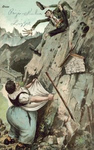 女人抓男人从山上掉下来（彩色石版画） 作者 德国学校