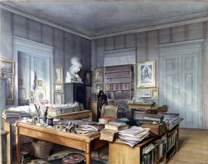 威廉-格林（Wilhelm Grimm）（1786 -1859）在柏林林克大街7号的工作间。霍夫曼先生的雕刻作品。国家博物馆，纽伦堡。1860. 作者 德国学校