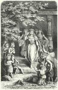 年轻的德国妇女戴着花圈庆祝 Eostre (Ostara) (雕刻) 作者 德国学校