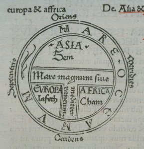 f.177v T-in-O地图，带有凸版印刷地名，来自塞维利亚的Isidore，Liber Etimologiarvm