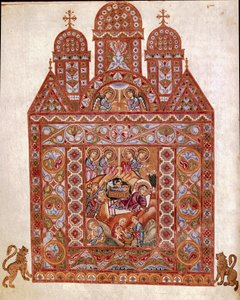 Nativite Miniature of the Codex of Egbert (Codex Egberti) by the school of Reichenau. 980 approx. Cividale del Friuli, Museo Archeologico or Cathedrale de Cividale 作者 德国学校