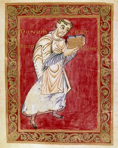 修道士 Ruodprecht 将手稿带到 Reichenau 学校的 Egbert de Treves（977-993）拱门手稿（Codex Egberti）缩影。 Cividale del Friuli、Museo Archeologico 或 Cathedrale de Cividale 作者 德国学校