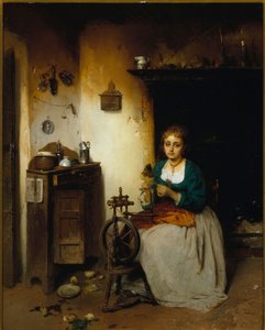 纺羊毛的年轻女子，表情悲伤，内心凄苦。杰罗拉莫（Girolamo）-因杜诺（1825-1890 年）的画作 尺寸：65x52 厘米 热内卢内尔维，现代艺术画廊，藏品编号 26。65x52 厘米，热那亚内尔维，现代艺术画廊，展品编号 26 作者 Gerolamo Induno