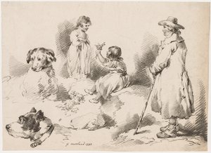 儿童研究 两个小女孩，两条狗，一个人，1793年。 作者 杰拉德街 J. Harris Soho