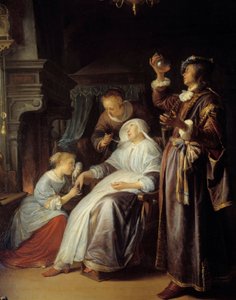 The hydropic woman. A doctor examines the urine of a woman with dropsy. Detail. Painting by Gerard Dou (1613-1675)