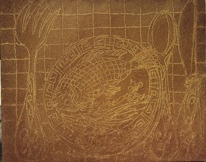 Visdiner（带鱼盘的静物）。2010 年（沙和丙烯画布） 作者 