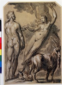 "亚当和夏娃》 夏娃摘下禁果，递给亚当。格利特-皮特兹（Gerrit Pietersz，1566-1616 年）15 世纪 90 年代后期的钢笔画。 作者 格里特·彼得斯