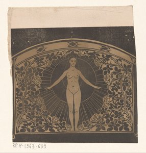 1901 年日历的框架设计，显示一位妇女和一朵花 作者 格里特·威廉·戴塞尔霍夫