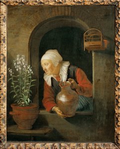 窗前浇花的老妇人（绘画） 作者 Gerrit 或 Gerard Dou