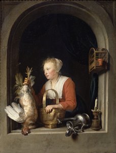 1650年，荷兰家庭主妇或女人在窗口挂着一只公鸡