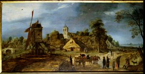 与磨房的村庄街道荷兰乡下风景。 Gerrit Van Honthorst (1590-1656) 17 世纪的绘画。 里昂，弗朗西斯科·曼德博物馆 作者 格里特·范·洪特霍斯特