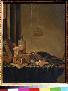 有书的静物。 Gerrit van Vucht（1600 年或 1620 年 - 1697 年左右）的绘画。 木板油画，34 x 28 厘米。 17世纪的荷兰学派。 莫斯科普希金美术博物馆。 作者 格里特·范·弗赫特