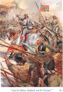 “上帝保佑哈利、英格兰和圣乔治！”，《莎士比亚的英国国王故事》插图，乔治·哈拉普父子公司出版