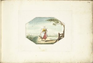 风景中提桶的挤奶女工 作者 Gesina ter Borch（艺术家签名）