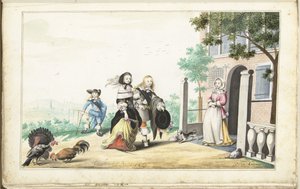 一对夫妇在乡间别墅门口迎接一位女士 作者 Gesina ter Borch（艺术家签名）